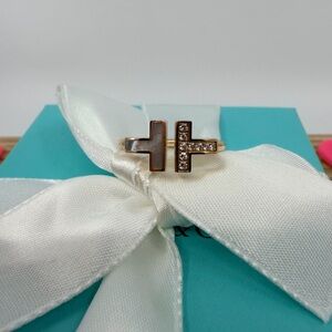 Tiffany Co. T Wire Ring with Diamonds and Mother Of Pearl, Rose Gold, sz 6.5